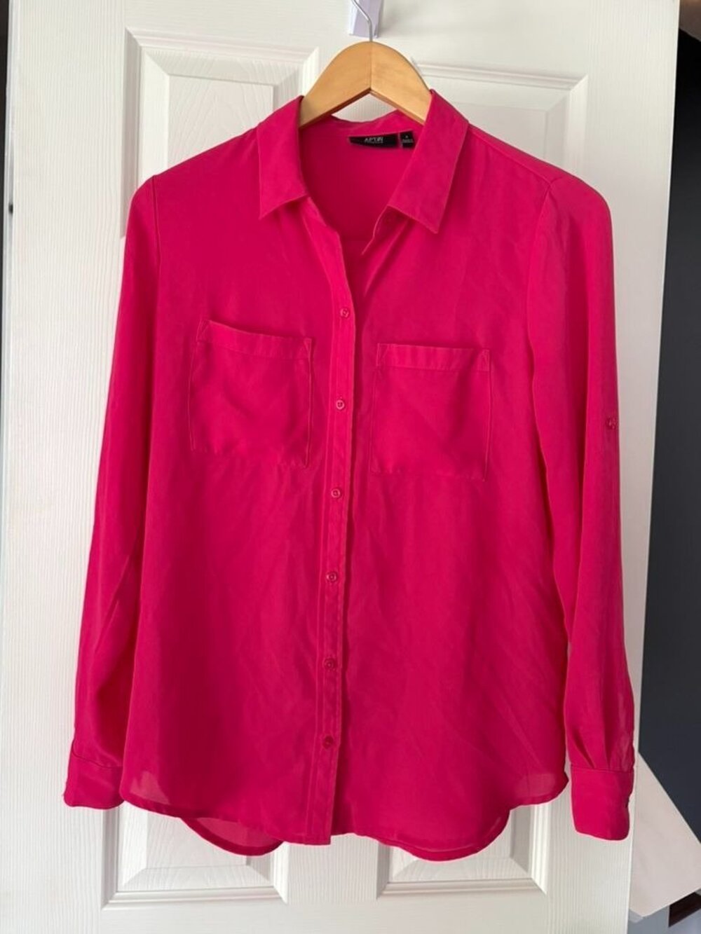 Apt 9 Essentials Womens Small Hot Pink Button Down Blouse Sheer Roll Tab Sleeve